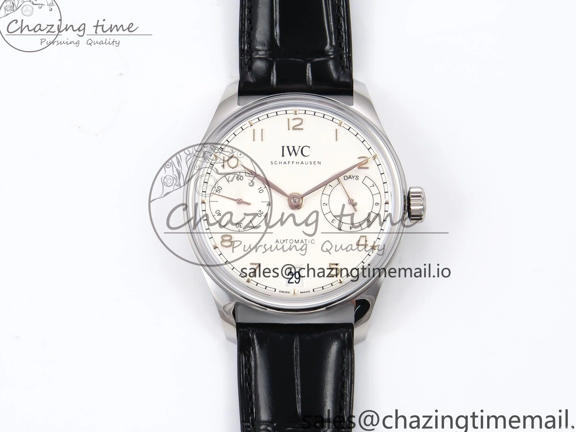 MIROTIME 0302 OnTrend Portugieser Automatic 42mm SS APSF 1:1 Best Edition White RG Dial on Black Leather Strap A 7010